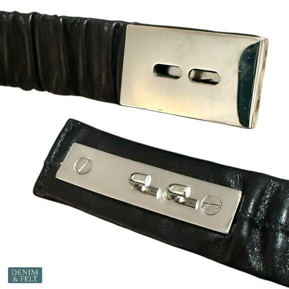 Gucci Black Leather Ruched Stretch Belt w/ Silver Logo Plate Buckle Womens Italy main image 4